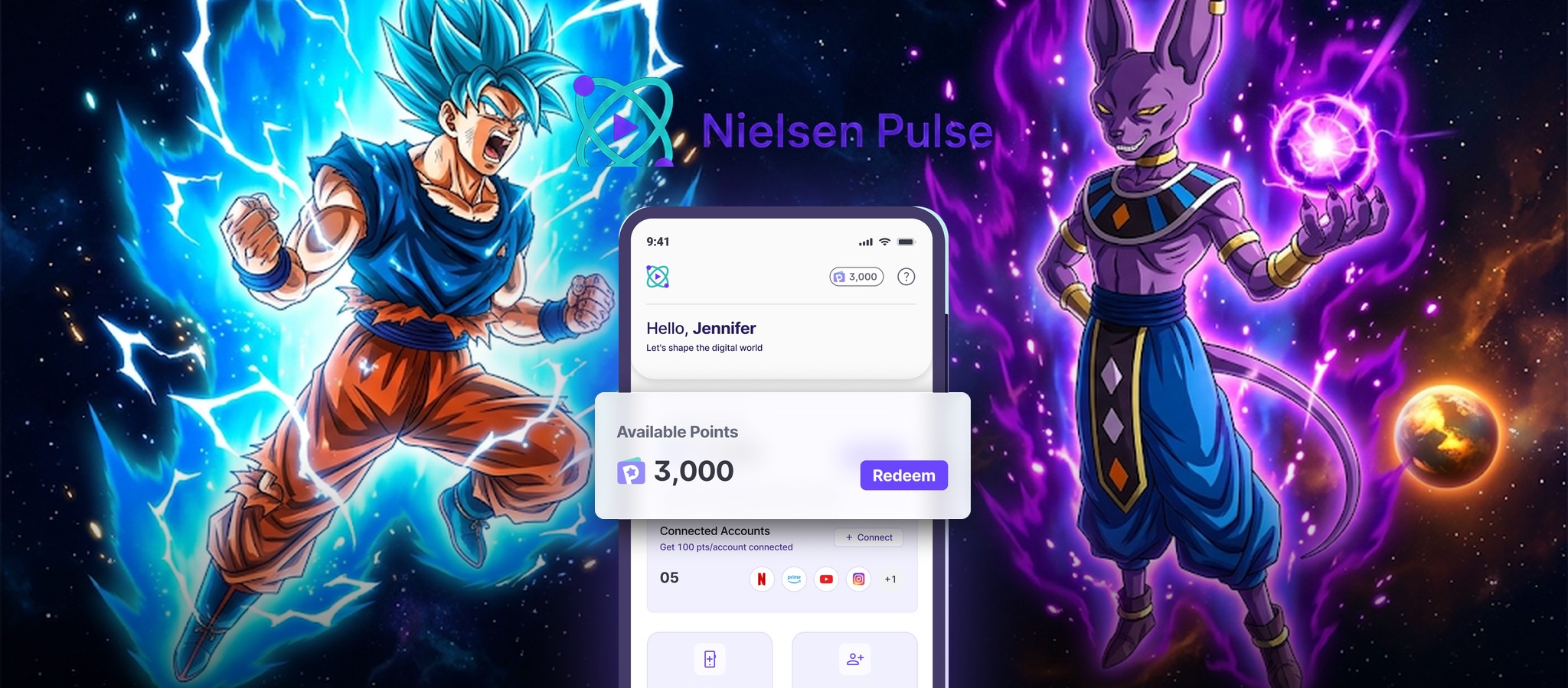 Goku and Beerus either side of a phone showing the Nielsen Pulse points screen